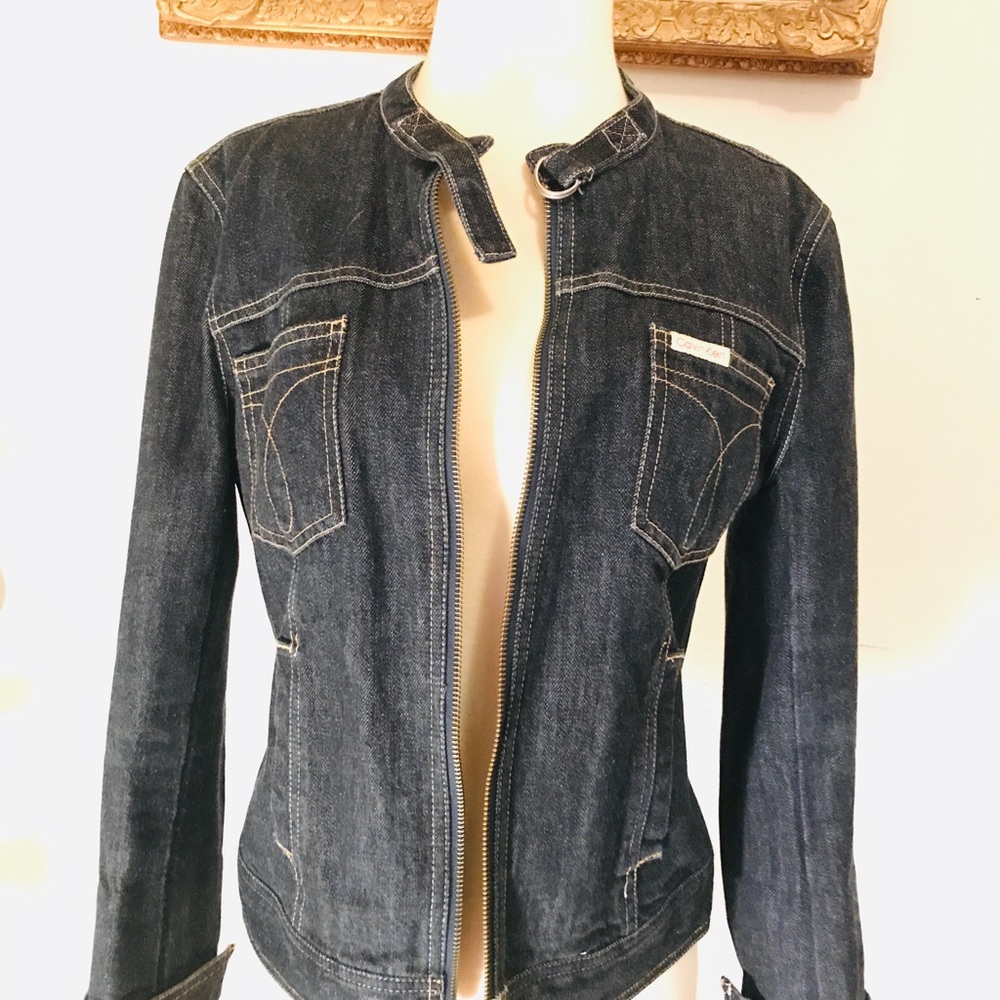 Dark Denim Calvin Klein Jean Jacket Buckle Collar